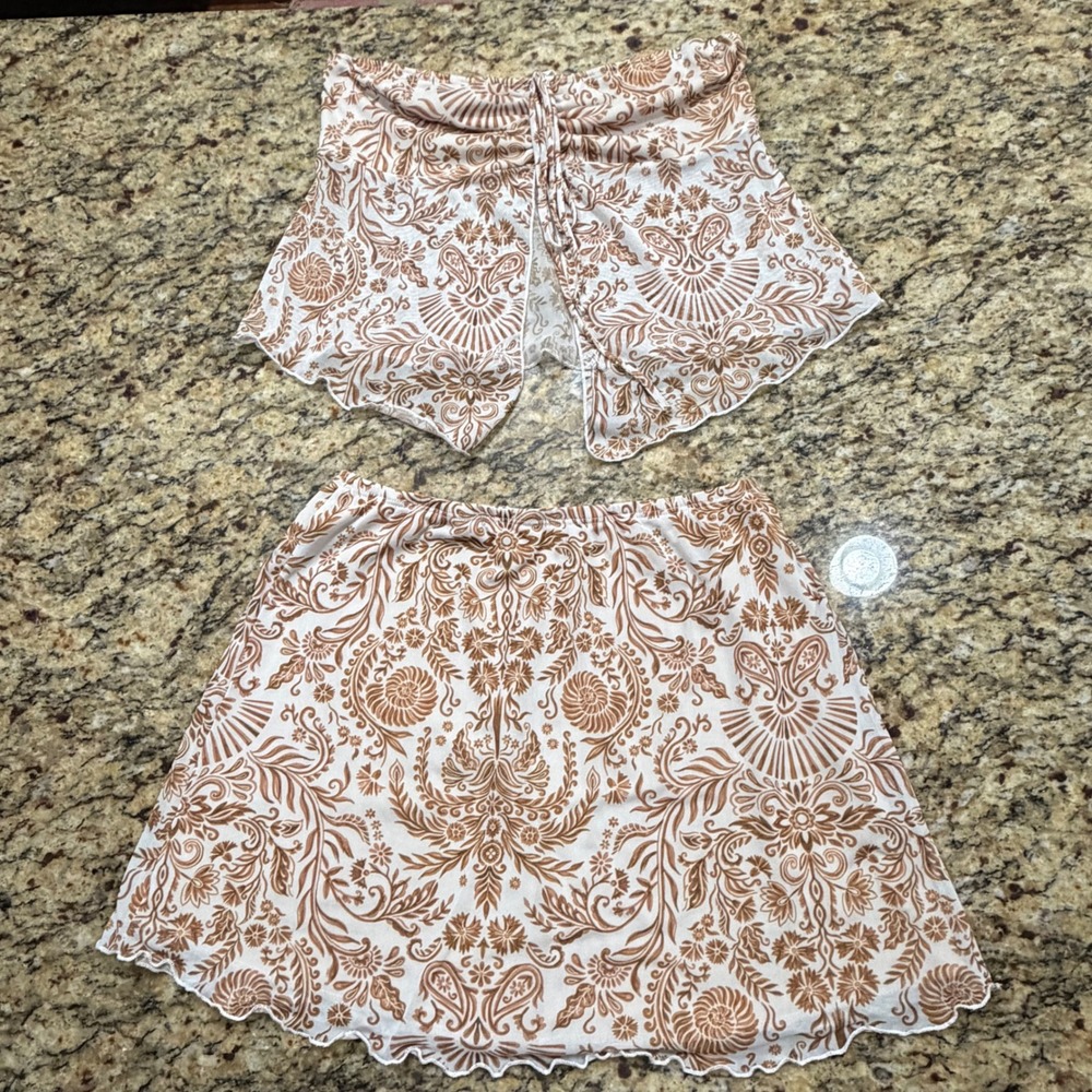 See You Monday Brown White Floral Paisley Tube Top Mini Skirt Set XL Boho v